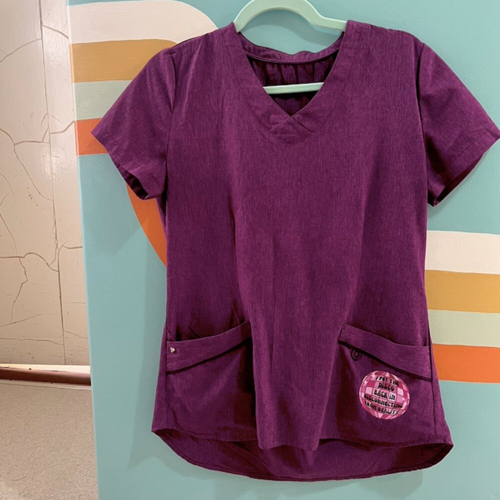 "i put the disco back in disconnecting from reality" scrub top (size XS/S)